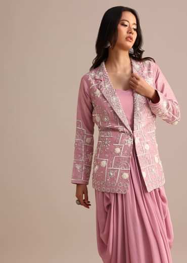 Onion Pink Crepe Pleated Gown With Embroidered Jacket