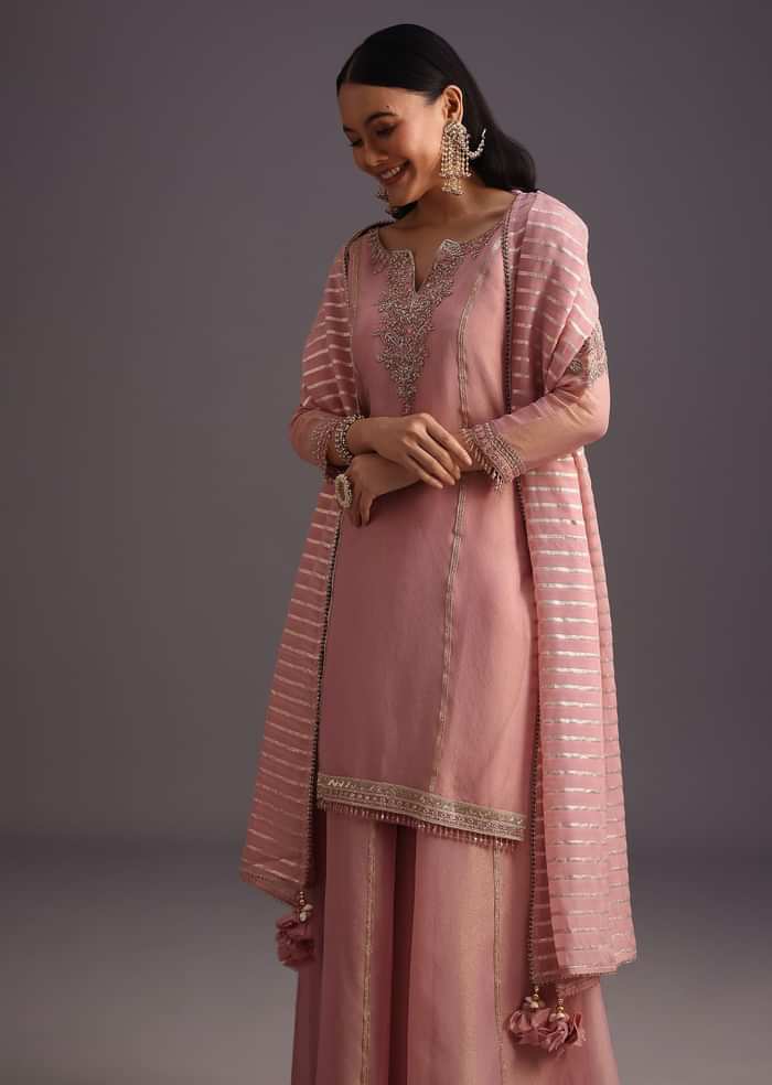 Onion Pink Embroidered Kurti Palazzo Set With Dupatta