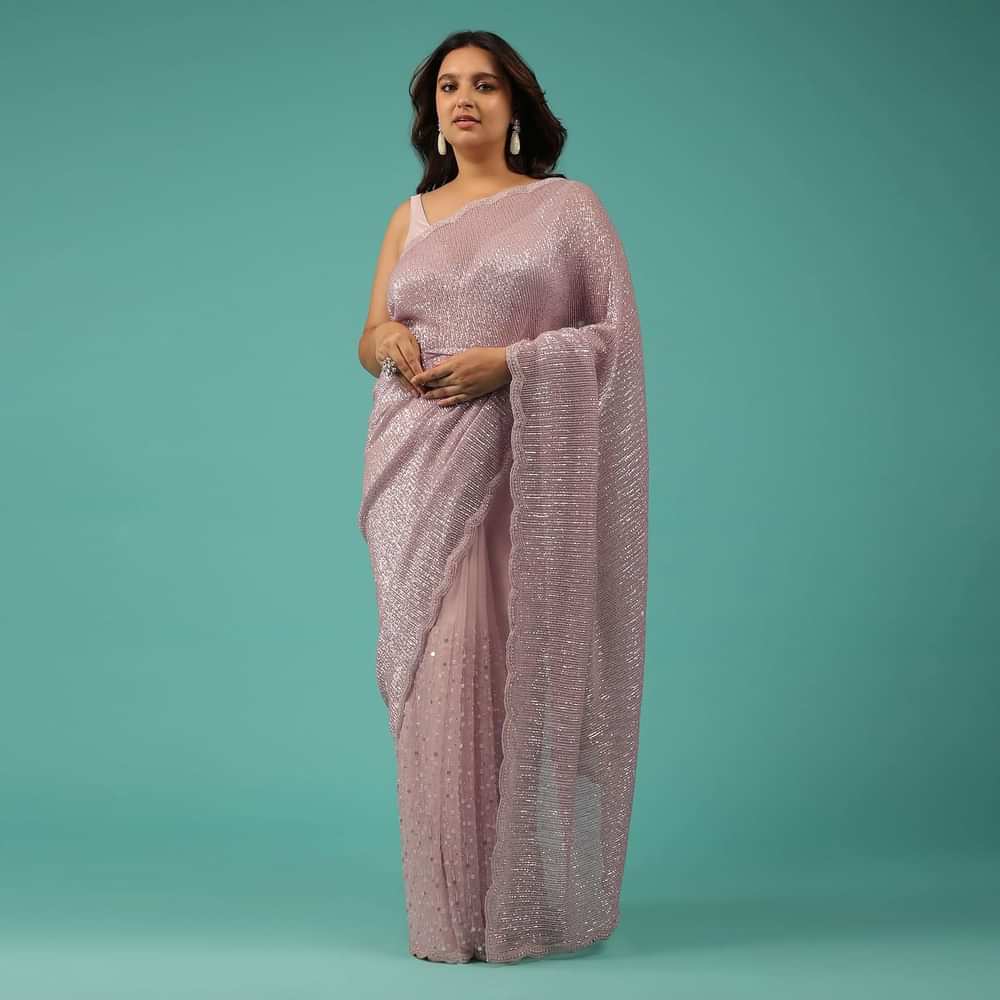 Zephyr Pink Saree In Sequins And Organza With Embroidery