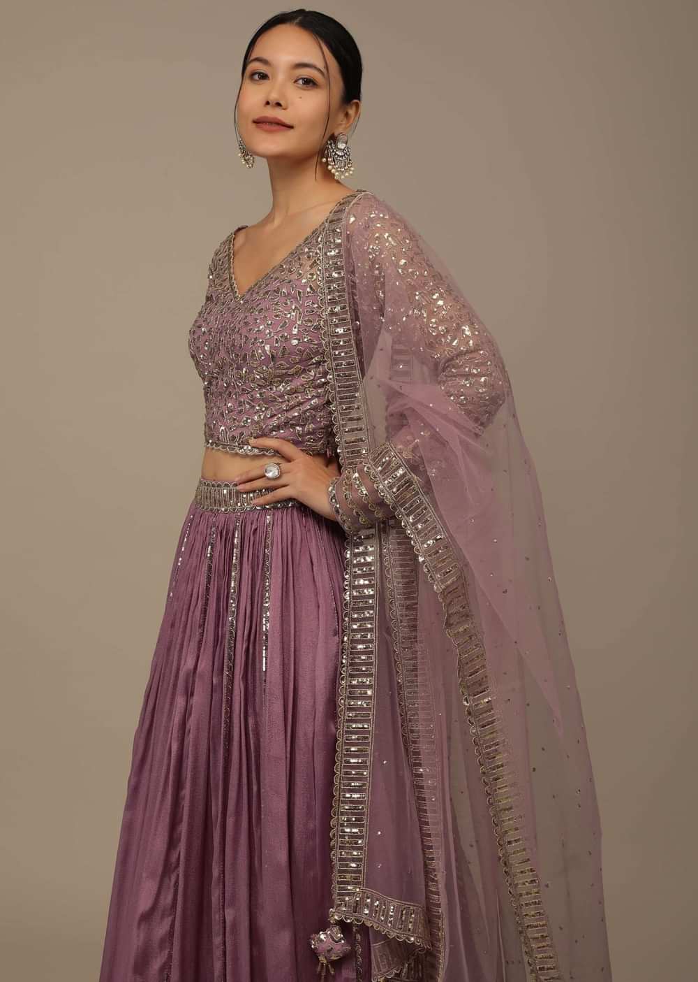 Onion Pink Festive Sequins And Zari Embroidered Lehenga Set In Chinon