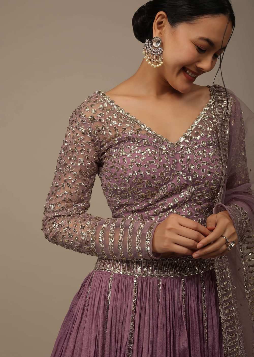 Onion Pink Festive Sequins And Zari Embroidered Lehenga Set In Chinon