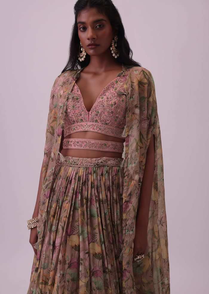 Onion Pink Floral Embroidered Silk Blouse And Organza Lehenga Set