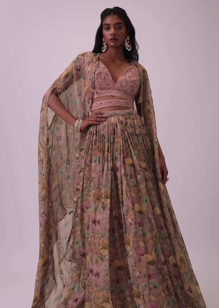 Onion Pink Floral Embroidered Silk Blouse And Organza Lehenga Set