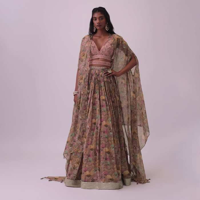 Onion Pink Floral Embroidered Silk Blouse And Organza Lehenga Set