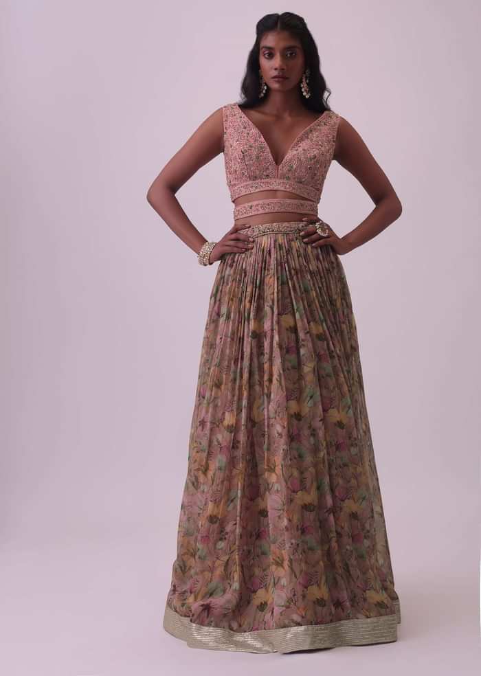 Onion Pink Floral Embroidered Silk Blouse And Organza Lehenga Set