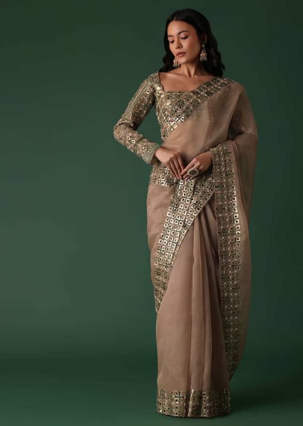 Onion Pink Foil Printed Saree And Blouse In Organza