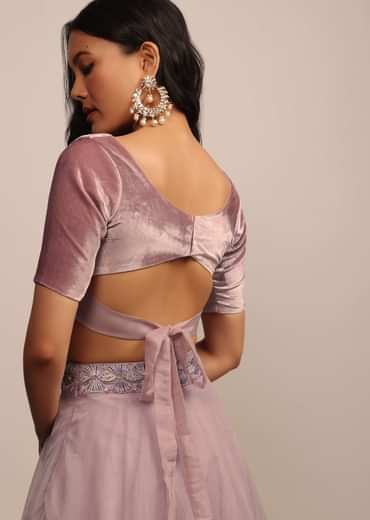 Onion Pink Half Sleeves Blouse in Velvet With Sweetheart Neckline
