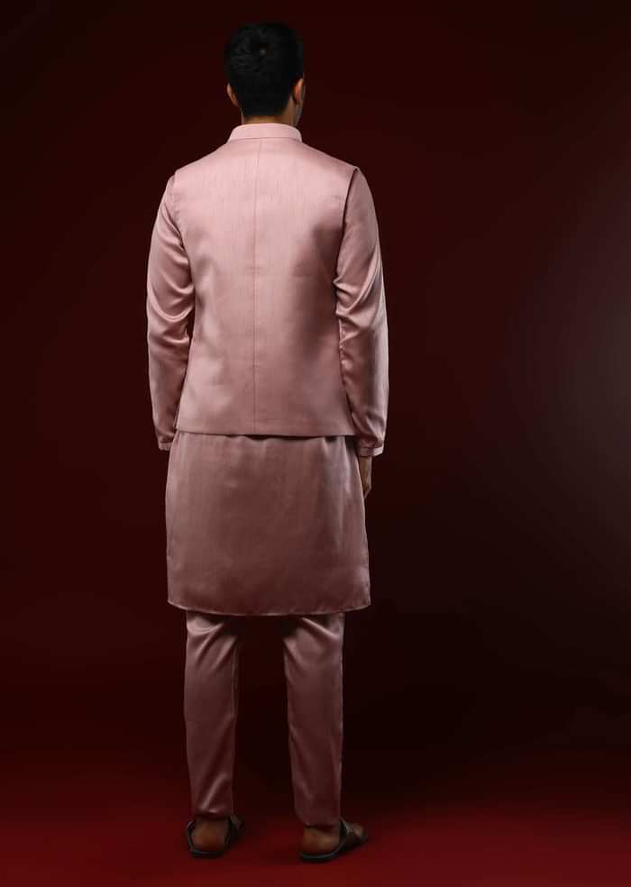 Onion Pink Nehru Jacket Set In Raw Silk With Self Resham embroidered Geometric Jaal Design