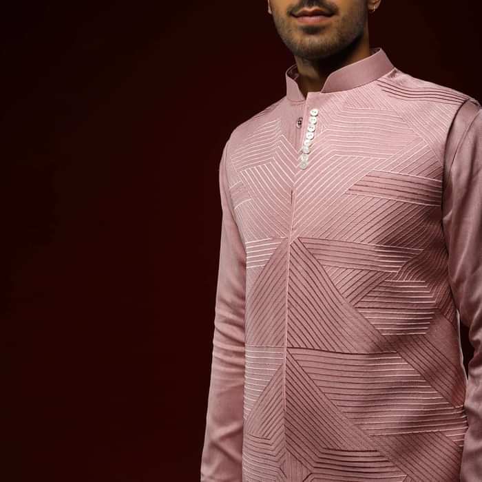 Onion Pink Nehru Jacket Set In Raw Silk With Self Resham embroidered Geometric Jaal Design