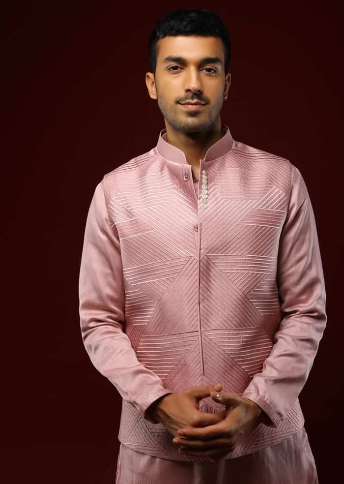 Onion Pink Nehru Jacket Set In Raw Silk With Self Resham embroidered Geometric Jaal Design