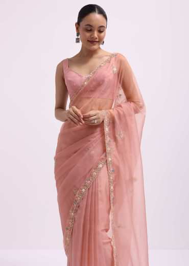 Onion Pink Organza Saree In Sequin With Unstitched Blouse