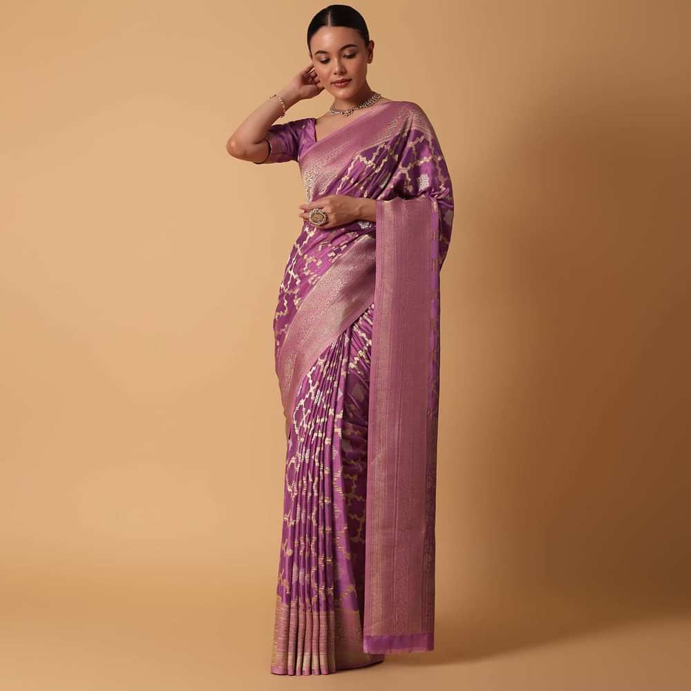 Onion Pink Satin Organza Saree With Moroccan Woven Jaal Detail And Unstitched Blouse Piece
