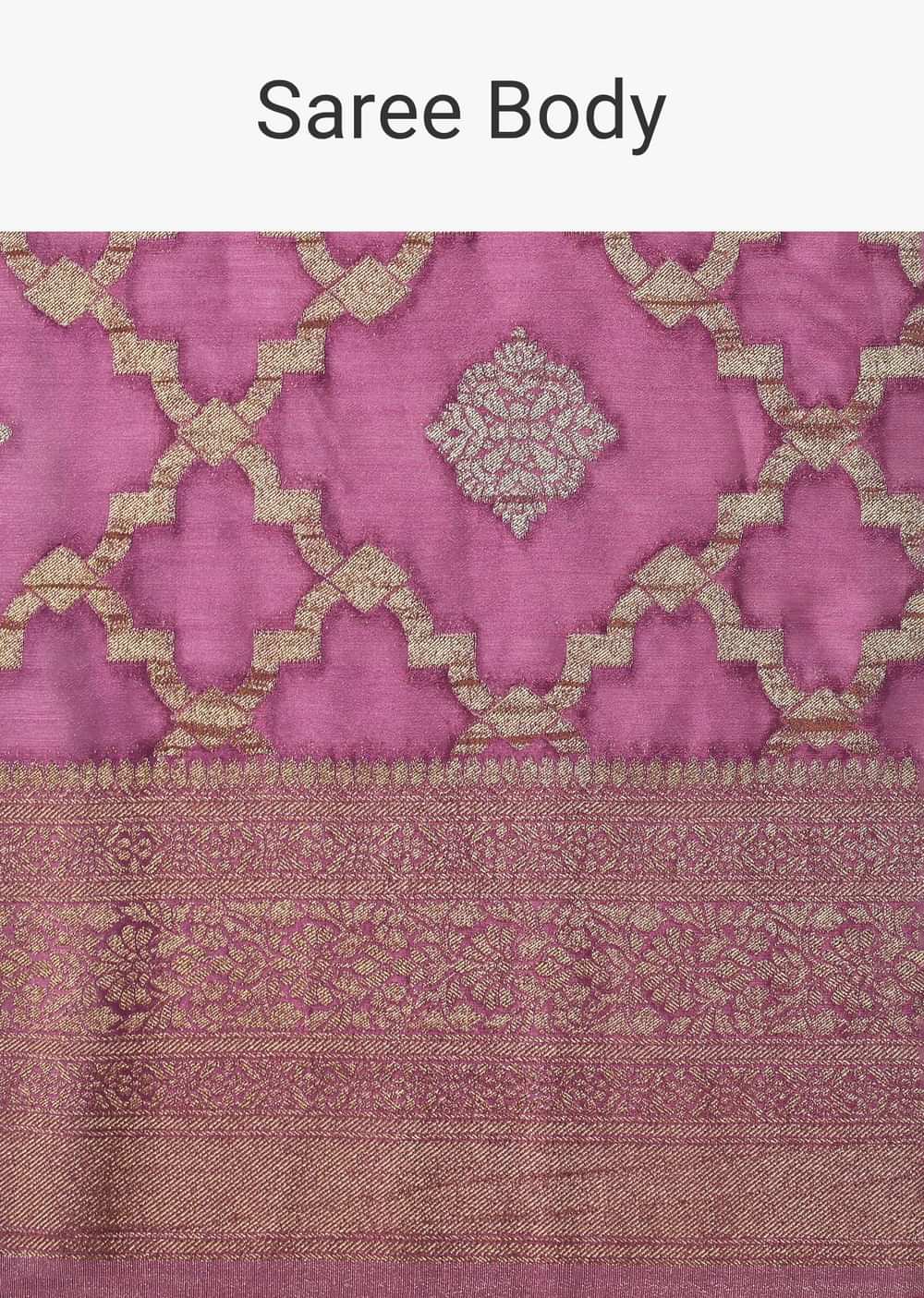Onion Pink Satin Organza Saree With Moroccan Woven Jaal Detail And Unstitched Blouse Piece
