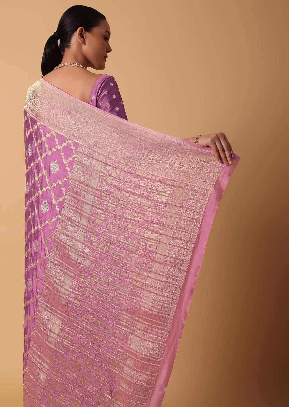 Onion Pink Satin Organza Saree With Moroccan Woven Jaal Detail And Unstitched Blouse Piece