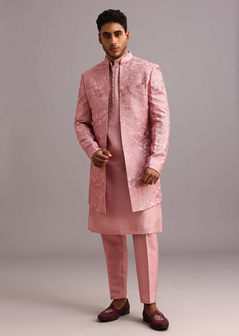 Onion Pink Thread Embroidered Dola Silk Sherwani Set