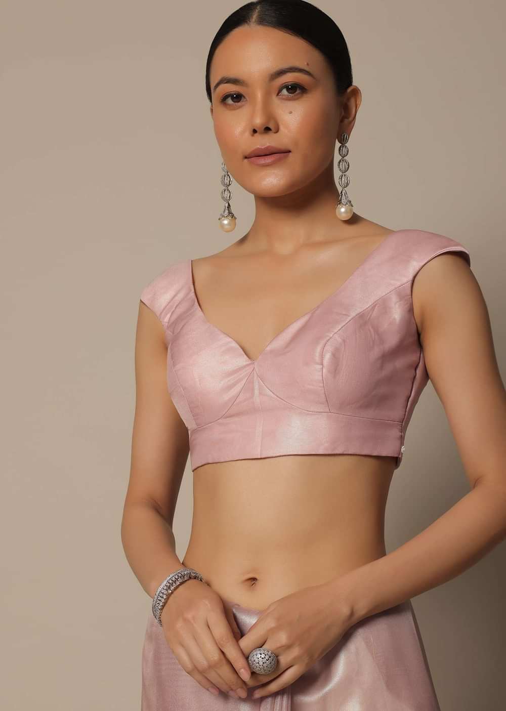 Onion Pink Tissue Saree With Cutdana Work And Unstitched Blouse Piece