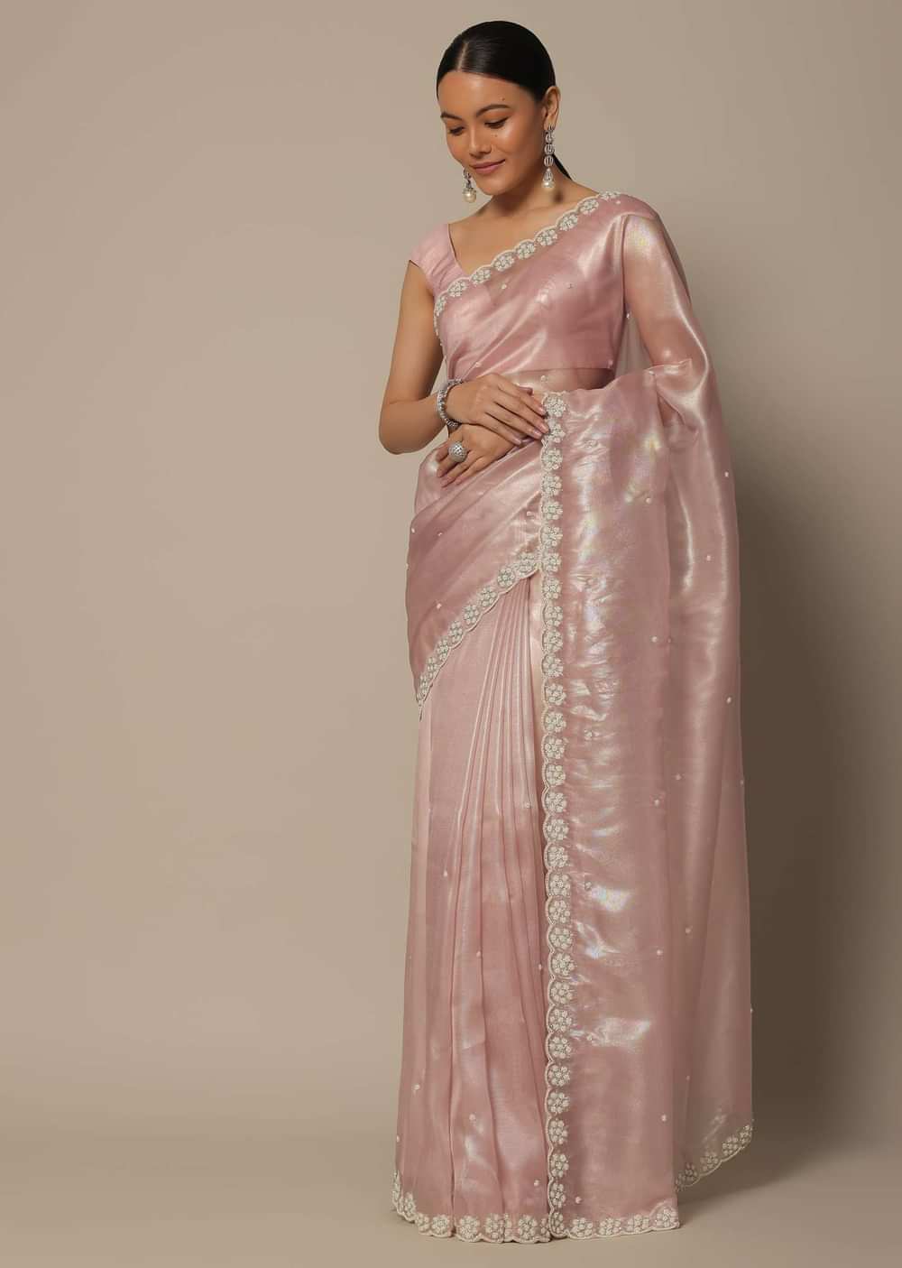 Onion Pink Tissue Saree With Cutdana Work And Unstitched Blouse Piece