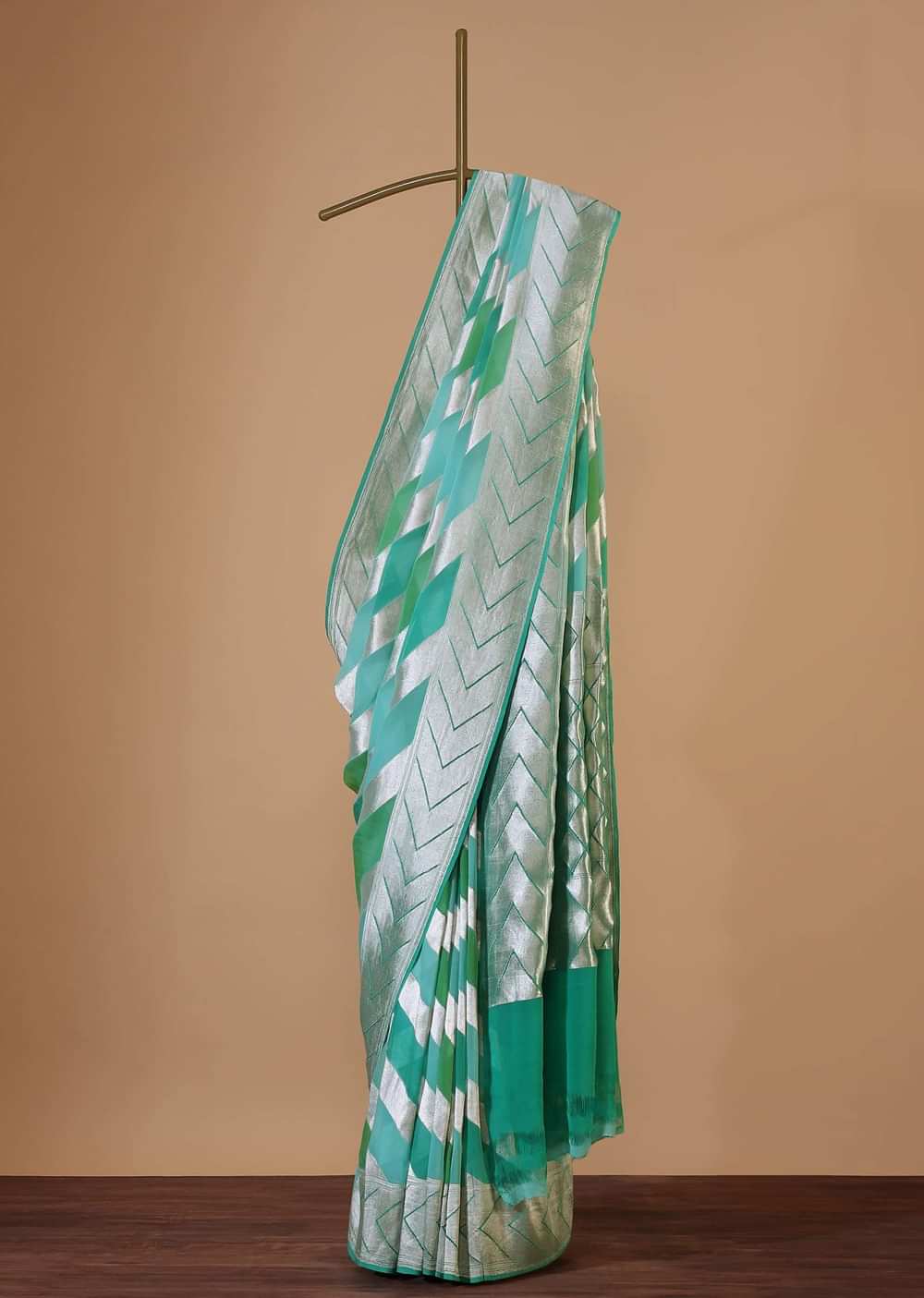 Sea Green Saree In Georgette With Striped Banarasi Zari Weave And An Unstitched Blouse