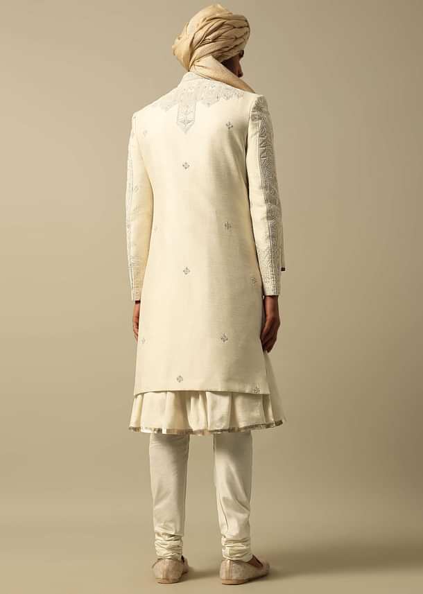 Opulent Beige Banarasi Silk Sherwani