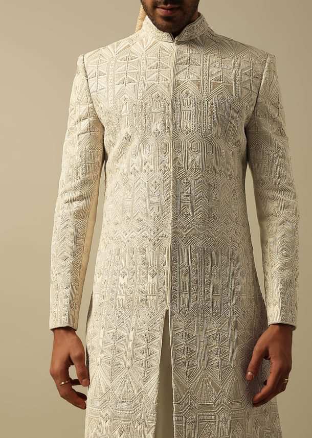 Opulent Beige Banarasi Silk Sherwani