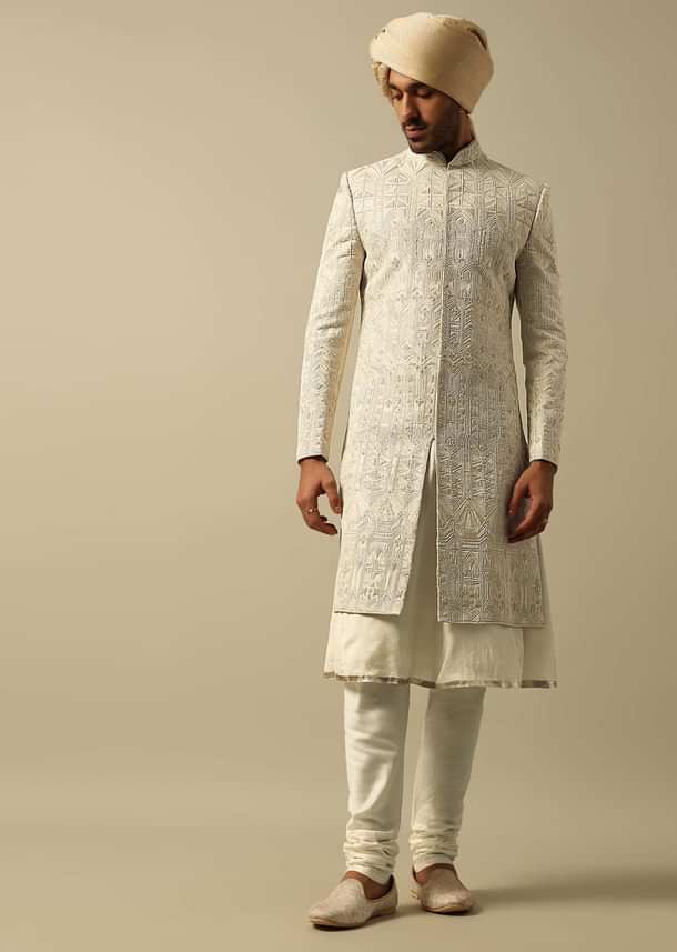 Opulent Beige Banarasi Silk Sherwani