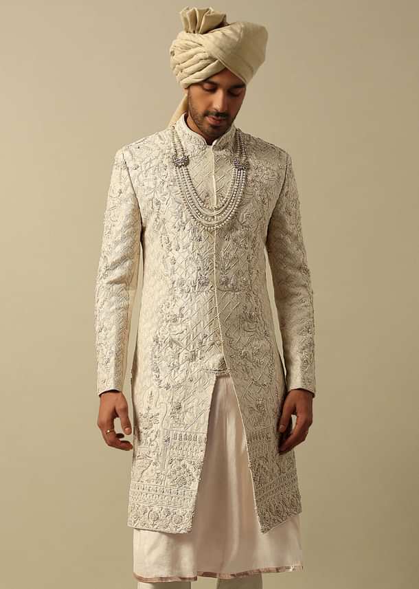 Opulent White Raw Silk Sherwani