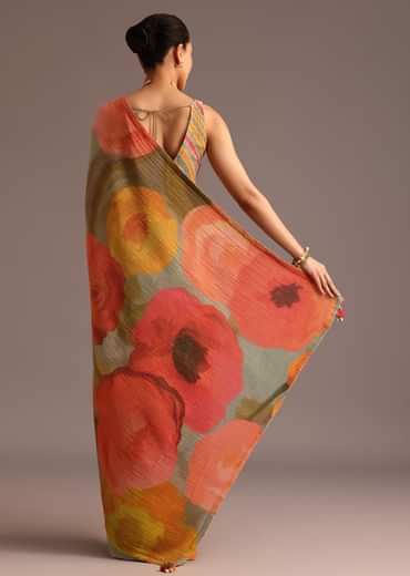 Orange Abstract Printed Crush Saree