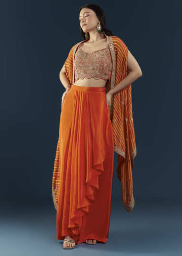 Orange Asymmetric Crop Top Skirt Set with Leheriya Cape