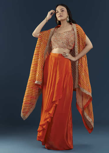 Orange Asymmetric Crop Top Skirt Set with Leheriya Cape
