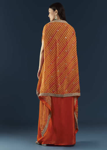 Orange Asymmetric Crop Top Skirt Set with Leheriya Cape