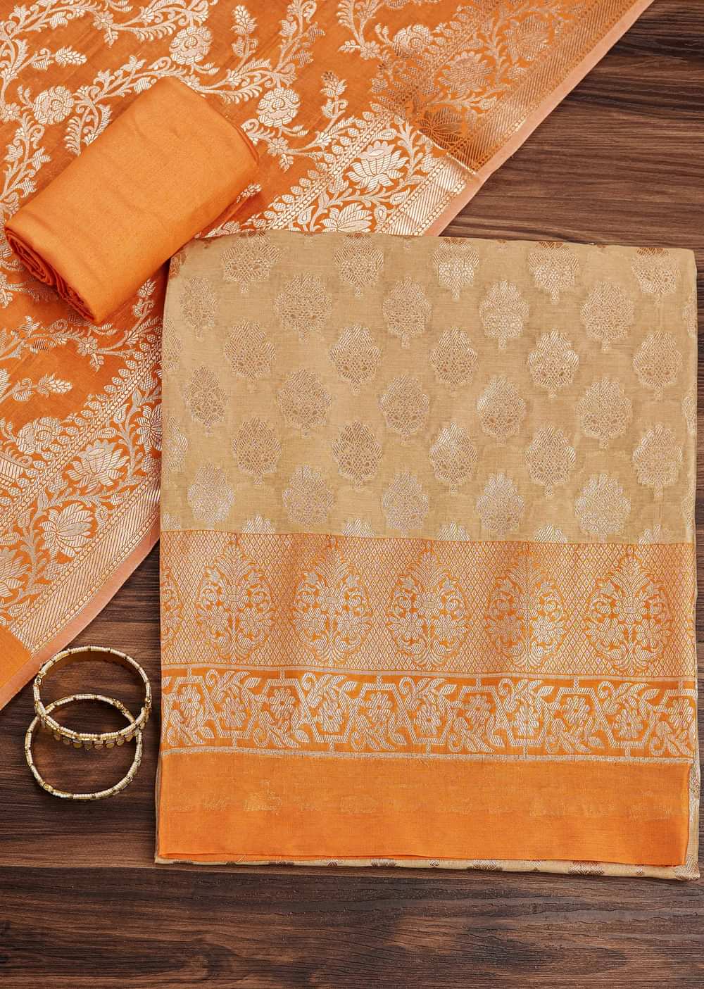 Orange Beige Banarasi Silk Unstitched Suit Set With Woven Detailing