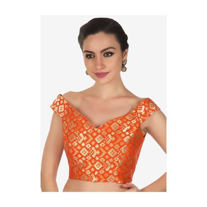 Orange Brocade Blouse With Off Shoulder Neckline Online - Kalki Fashion