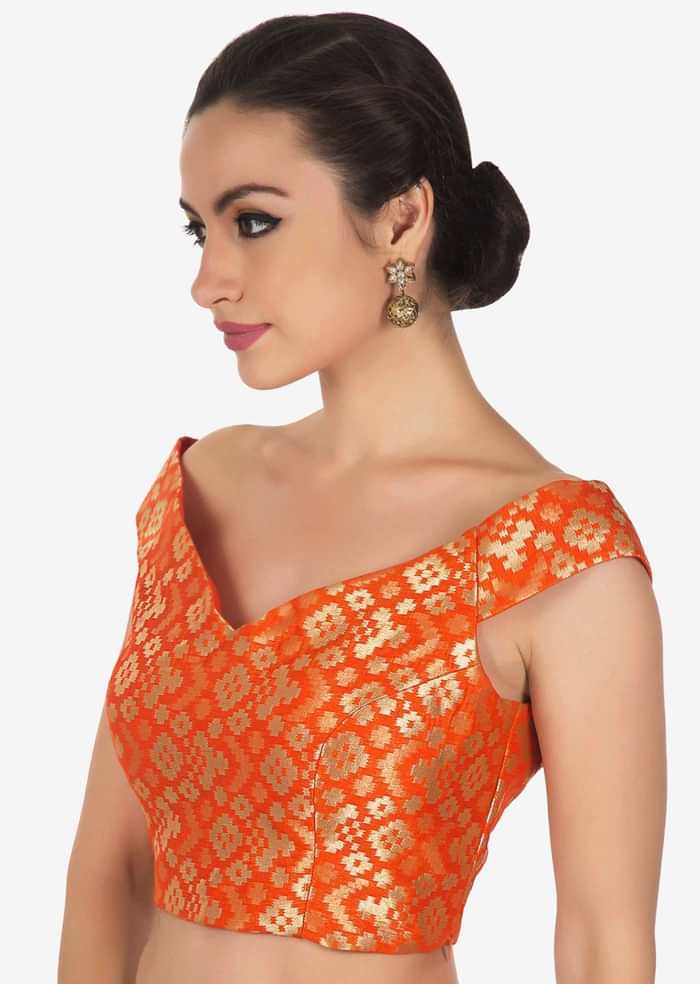 Orange Brocade Blouse With Off Shoulder Neckline Online - Kalki Fashion