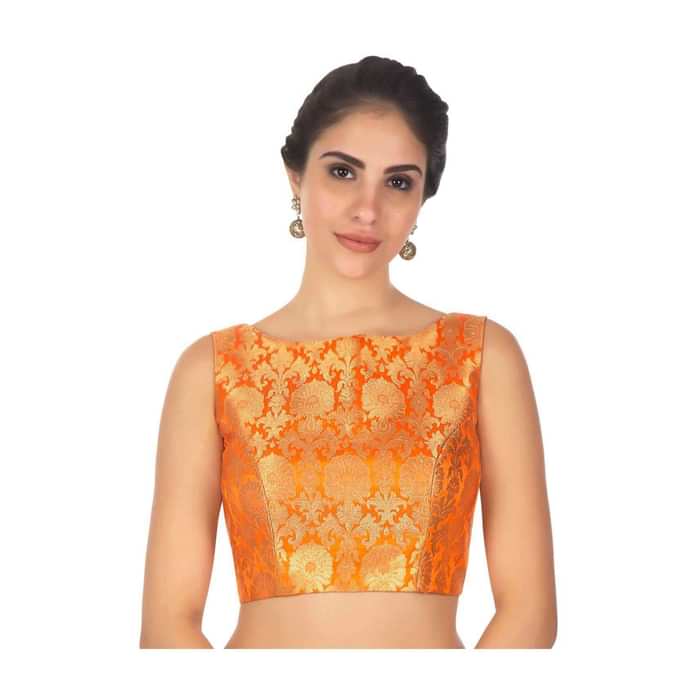 Orange Blouse In Floral Brocade Online - Kalki Fashion