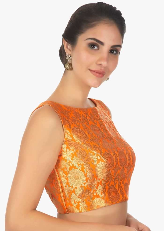 Orange Blouse In Floral Brocade Online - Kalki Fashion