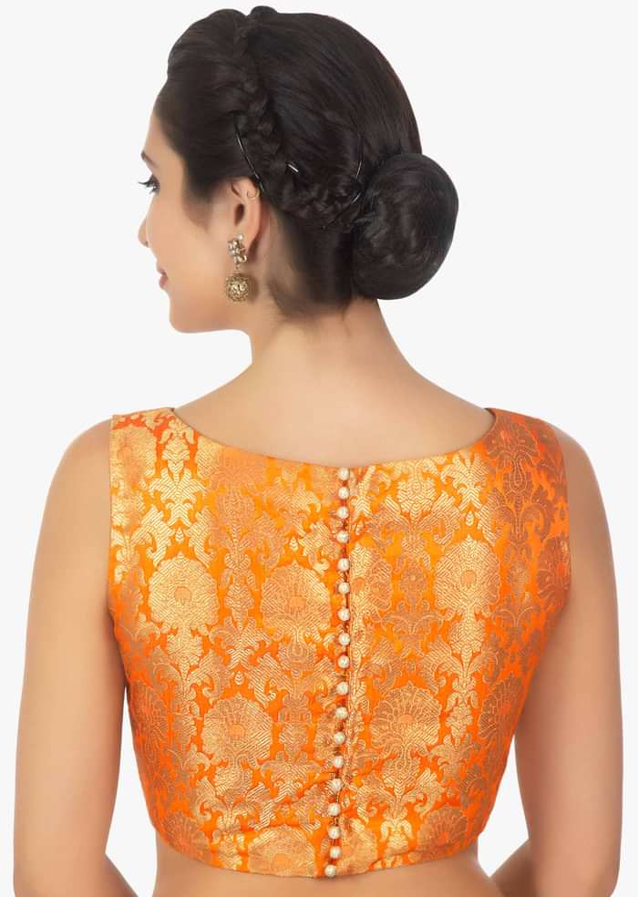 Orange Blouse In Floral Brocade Online - Kalki Fashion