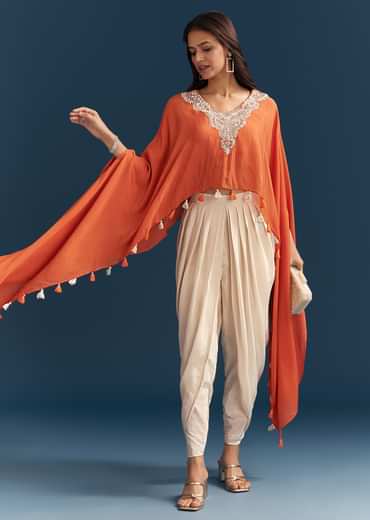 Orange Cape Crop Top Dhoti Set With Moti And Cut Dana Embroidery