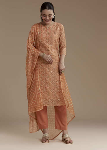 Orange Chanderi Floral Print Kurta Set with Gotta Work
