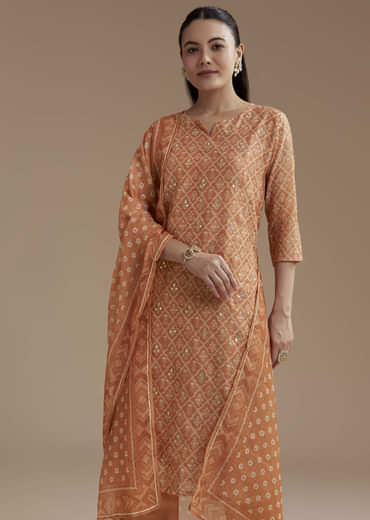 Orange Chanderi Floral Print Kurta Set with Gotta Work