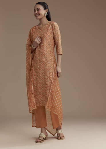 Orange Chanderi Floral Print Kurta Set with Gotta Work