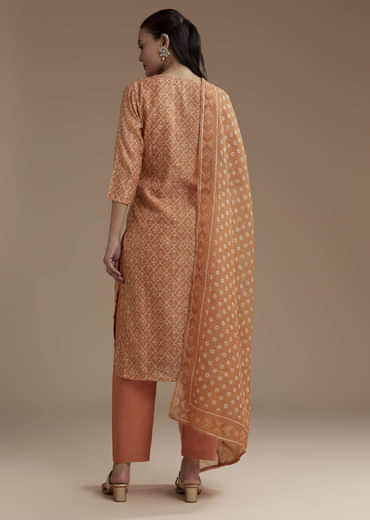 Orange Chanderi Floral Print Kurta Set with Gotta Work
