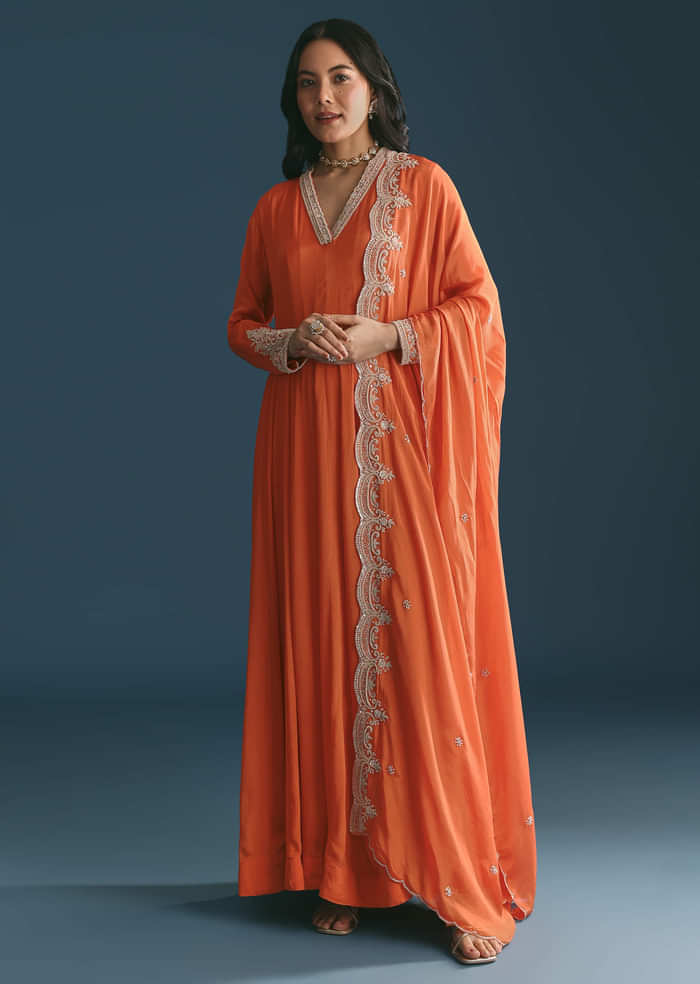 Orange Chinon Anarkali Suit With Embroidered Dupatta