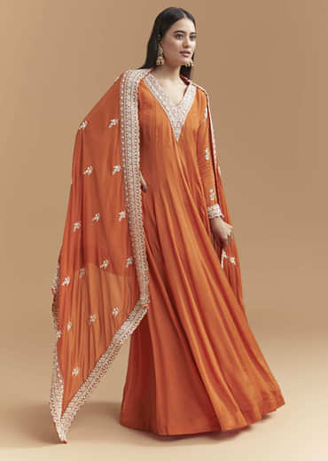 Orange Chinon Anarkali Suit With Intricate Hand Embroidery