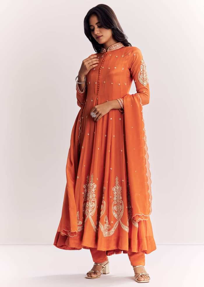 Orange Chinon Anarkali Suit With Moti Sequins And Cutdana Dupatta