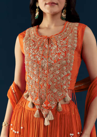 Orange Chinon Crop Top Skirt Set with Zardozi Work