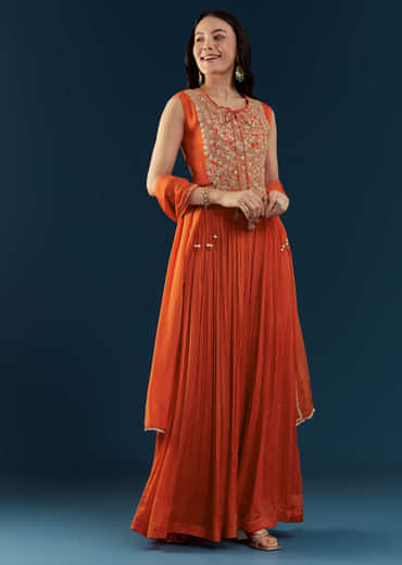 Orange Chinon Crop Top Skirt Set with Zardozi Work