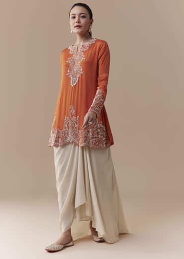 Orange Chinon Kurta Skirt Set with Moti Work
