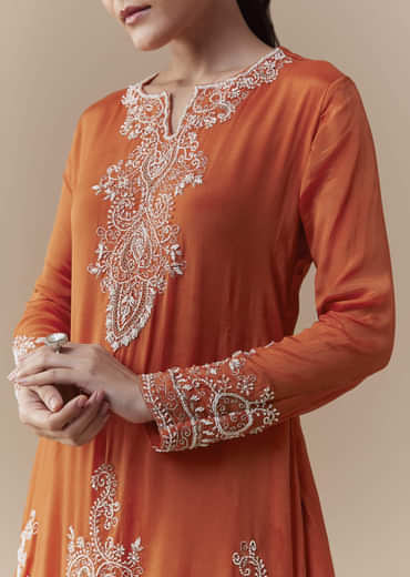 Orange Chinon Kurta Skirt Set with Moti Work