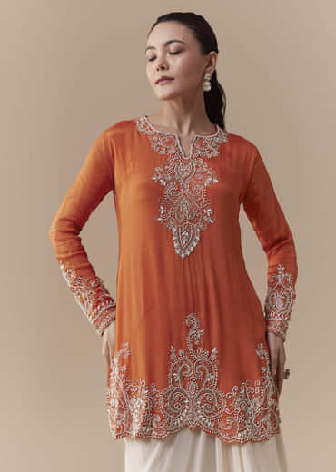 Orange Chinon Kurta Skirt Set with Moti Work