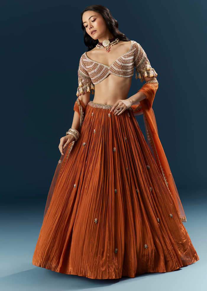 Orange Crepe Bridesmaid Lehenga With Moti And Cutdana Embroidery